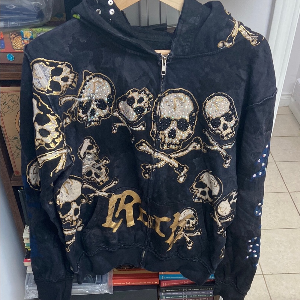 Y2K Motor City Legends Bejewelled Skull Black Graphic Hoodie With Gold Accents
